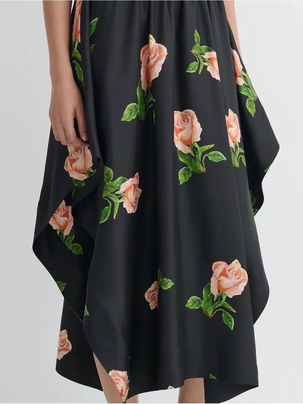 BNWT 100% SILK Nanushka Black Handkerchief-Hem Maxi Skirt with Peach Rose Print